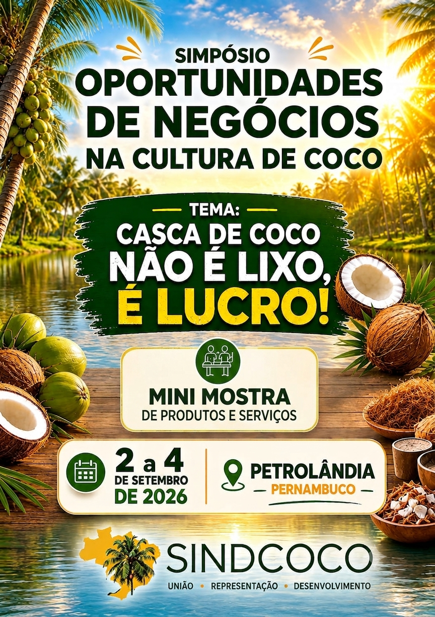 Banner do Simpósio Oportunidades de Negócios na Cultura de Coco, em Petrolândia, de 2 a 4 de setembro de 2026